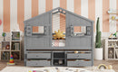 Full Size House Loft Bed with Roof, Windows,4 Storage Drawers,Pine Wooden Bed with Safety Guardrails,Ladder,Grey