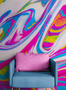 Vibrant Neon Ink Swirl Wallpaper. Abstract Pink, Yellow & Blue Colors.