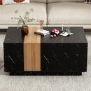 Modern 35.4 x 23.6 Inch Two-tone Coffee Table with Faux Marble and Walnut Wood Grain Finish, Rectangular Center Table with 2 Storage Drawers, Practical Cocktail Table for Living Room, Black