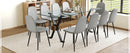 Table and chair set.79'x31.5' with X-shaped Black Metal Table Legs,Wood Grain Textured MDF Crossbeam.Paired With 10 Chairs Made Of Light Gray Lnen Fabric.Iron pipe spraying Legs.
