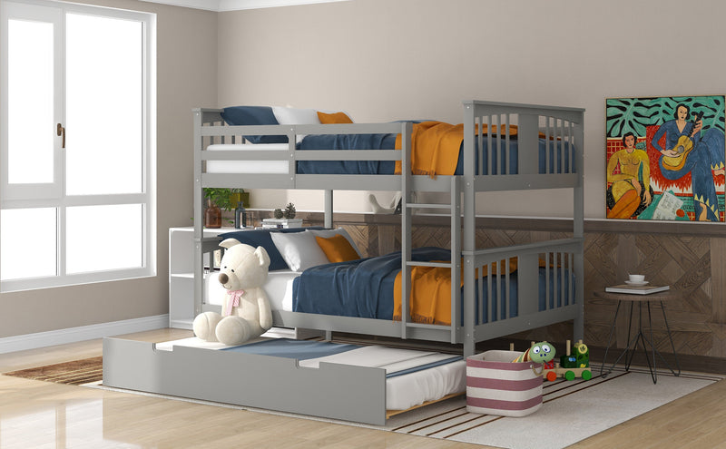 Full over Full Bunk Bed with Twin Size Trundle and Ladder-White