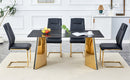 Table and chair set.63'x31.5x30'Black Texture With Lines Patterned Sintered Stone Table with Golden Stainless Steel Butterfly Legs.Paried With 4 Black High-quality PU Chairs With Golden Metal Legs.