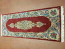 Small Persian Kirman Rug 2x4, Wool Oriental Vintage Handmade Carpet, Hand Knotted Floral Medallion, Red & Beige, Semi Open Field