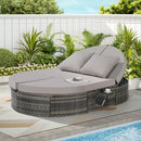 Outdoor Patio Round Daybed, Sun Bed with Adjustable Backrests and Foldable Cup Trays, Reclining Outdoor Lounger Wicker Rattan Patio Daybed with Cushions and Pillows for Backyard Poolside