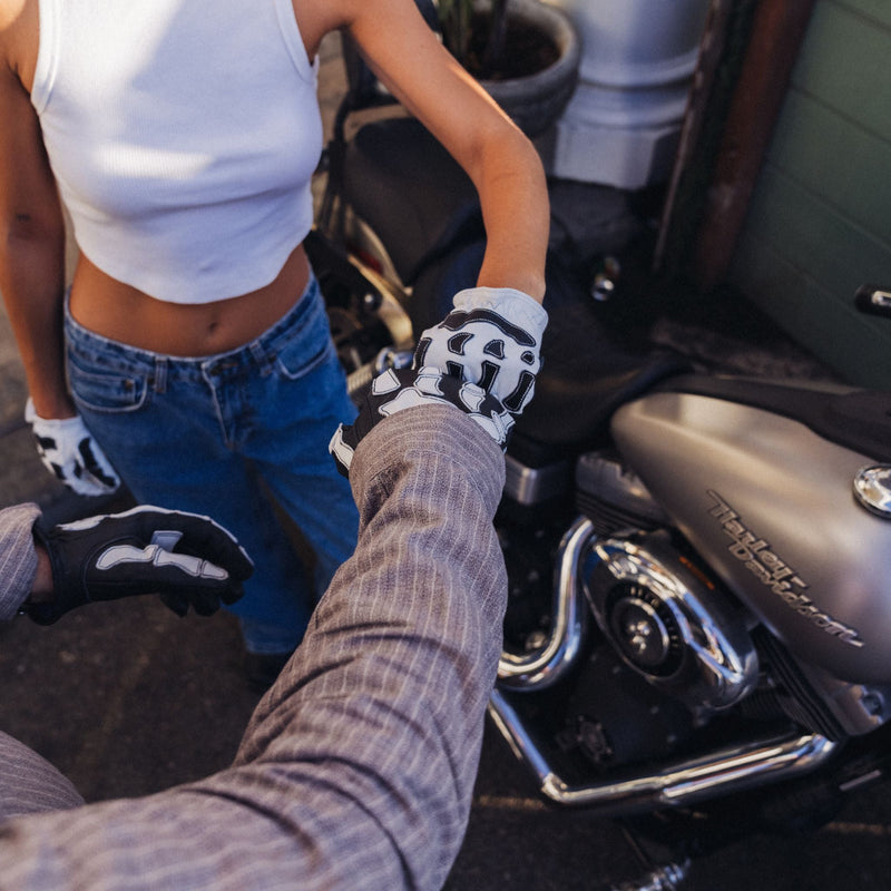 Skeleton Leather Motorcycle Gloves - White-Black