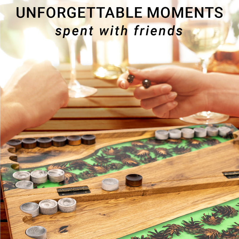 Handmade backgammon made of natural wood and epoxy resin