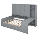 Full Size Wooden Daybed With Three Drawers, and All-in-One Cabinet, Desk and Shelves, Gray