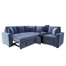 L-shaped Convertible Sofa Bed with Pull-Out Bed, Cup Holders, and Storage Space, Blue Chenille, 120.5'