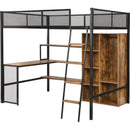 Full Size Metal Loft bed with Built-in Desk, Wardrobeand Shelves, Black(ETA:1.23)