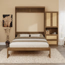 Full Size Solid Wood With Rattan Murphy Bed Cabinet Space-Saving Bed with 1 Side Cabinet Storage Shelf, Perfect for Guest Room, for Bed Room, Guest Room, Home Office, Walnut