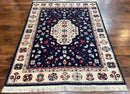 Belgium Power Loomed Rug 5.6 x 7, Navy Blue and Ivory, Heriz Pattern, Vintage Oriental Carpet