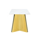 Table and chair set.63'x31.5x30' Luxurious Snow Mountain Patterned Sintered Stone Table with Golden Stainless Steel Butterfly Legs.Paried With 4 Black High-quality PU Chairs With Arched Metal Legs.