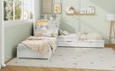 L-Shaped Combination Twin Bed with Trundle and Drawer,3-in-1 Low Corner Platform Bed Linked with Built-in Desk and Led Downlight, White