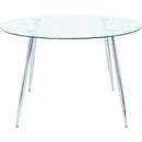 Modern simple round glass table, wear-resistant tempered glass countertop, electroplated table legs, grey PU dining chair set, suitable for restaurant kitchen use (set of 7)
