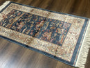 Turkish Silk Hunting Scene Rug 2.6 x 5, Dark Steel Blue & Ivory, Bamboo Silk, New