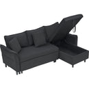 This 80-inch black corduroy L-shaped sofa comes with two small throw pillows that can be converted into a sofa bed for storage