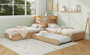 L-Shaped Combination Twin Bed with Trundle and Drawer,3-in-1 Low Corner Platform Bed Linked with Built-in Desk and Led Downlight, Natural