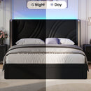 Full Size Modern Upholstered LED Bed Frame with Storage Drawers, Velvet Platform Bed with Wingback Headboard, RGB Light, Wooden Slats Support, No Box Spring Needed, Black