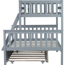 Twin Over Full Rubber Wood Bunk Bed with Trundle, Convertible Ladder and Guardrail, Detachable, Convertible Bed, with Twin Size Trundle  ,Grey