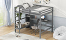 Full Size Loft Bed with Multifunction Shelves and Under-bed Desk, Gray