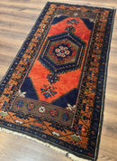 Persian Rug 3x6, Geometric Medallion, Village Tribal Rug, Terracotta and Navy Blue, Antique Nahavand Hamadan Rug