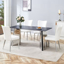 Table and chair set.63'x31.5x30' Black Marble-Patterned Slabs Tabletop with Stainless Steel Butterfly Legs.Paired with 4 white PU dining chairs with a vertical stripe design on the backrest.