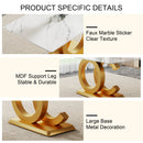 Table and chair set.Subtle Luxury Tempered Glass Dining Set - 63'x35.4' with 4 Black PU Chairs with golden C-tube metal leg.Arched Metal Gold Leg.White imitation marble texture sticker Tabletop.