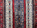Persian Rug 5x12 ft, Red Cream Navy Blue, Pictorials, Hand Knotted Handmade Wide Runner Tribal Bidjar Semi Antique Wool Geometric Oriental Rug