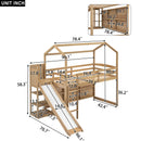 Walker Edison - Twin Size Wood House Loft bed with Slide, Storage shelves and Light, Climbing Ramp, Wood Color