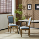 French Country Dining Chairs Set of 2 - Elegant Cane Backrest & Upholstered Seats in Slate Blue with Fluted Legs and Weathered Finish