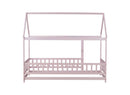 Twin Size House Floor Wooden Bed with Roof Frame,Safety Guardrails,Pink