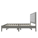 Mid-Century Solid Wood Platform Bed with Upholstered Headboard in Grey Fabric, King Size