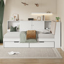 White Wooden Full Size L-shaped Daybed with Storage Bookcase, Upholstered Headboard, USB Charging Ports
