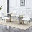 Table and chair set.63'x31.5x30' Luxurious Pandora patterned Sintered Stone Tabletop with Silver Stainless Steel Legs.Paried With 4 White PU Chairs with a vertical stripe design on the backrest.