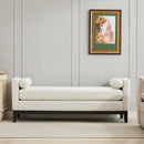 Elegant Upholstered Bench, Daybed, Ottoman with Wood Legs & Bolster Pillows in Ivory Boucle, 66.34'W