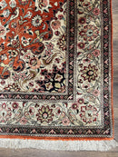 Persian Qum Silk Rug 5x7 - Floral Medallion, Birds, Orange-Red