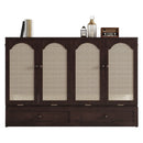Queen Size Murphy Bed, Pine Wood Cabinet Bed with Power Station and Rattan Decoration Panel,Espresso