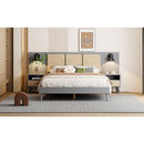 Queen Size Solid Wood Bed Frame with 2 Nightstands, Elegant Design with Lamps, Rattan and Wood Combination,Gray