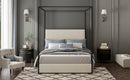 Modern Luxury Metal Canopy Bed with Tall Corduroy Upholstered Headboard, No Box Spring Needed, Queen, White