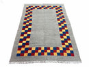 Gray Kilim Carpet, Yellow, Red, Blue Checkerboard Pattern, Flatweave, New, Geometric, Hand-Knotted, Wool, Turkish Area Rug, 5' 9" x 7' 9"