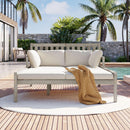 Outdoor Daybed, Patio Daybed with Four Pillows, Wooden Outdoor Bed with Curved Armrests for Poolside, Backyard, Garden