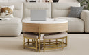 Modern Round Lift-Top Coffee Table with Storage & 3 Ottoman White & Natural