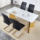 Table and chair set.63'x31.5x30' Luxurious Snow Mountain Patterned Sintered Stone Table with Golden Stainless Steel Butterfly Legs.Paried With 4 Black High-quality PU Chairs With Arched Metal Legs.