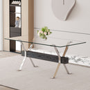 Dining table. Modern tempered glass dining table. Large modern office desk with silver plated metal legs and black MDF crossbars, suitable for both home and office use. Kitchen. 71 ''x35.4''x30 ''