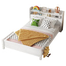 Full Pine Wood Bed with Bookcase Headboard ,LED Motion Sensor Light, Bed Guardrails,White