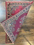 Small Persian Kashan Rug 2x3, Red and Navy Blue, Handmade Vintage Wool Semi Antique Persian Carpet, Semi Open Field, Pair B