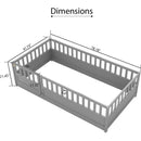 Twin Size Floor bed, integral construction with super high security barrier, door, children's floor bed frame, Montessori wooden children's floor bed, Grey