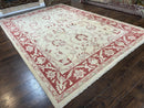 Peshawar Rug 8x12 Pakistani Carpet, Oriental Rug 8 x 12 Chobi Rug, Beige and Red, Allover Large Floral Design, Hand Knotted Vintage Wool