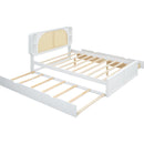 Queen Size Rattan Headboard Bed with Two Drawers and Trundle, White