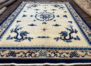Chinese Dragon Peking Rug 8 x 11.6, Ivory and Blue, Chinese Wool Rug, Vintage